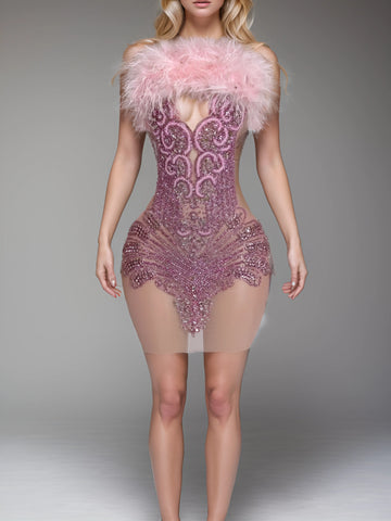 Rose Radiance - Custom Rhinestone Appliqué Birthday Dress with Ostrich Feather Glam Rose Radiance - Custom Rhinestone Appliqué Birthday Dress with Ostrich Feather Glam