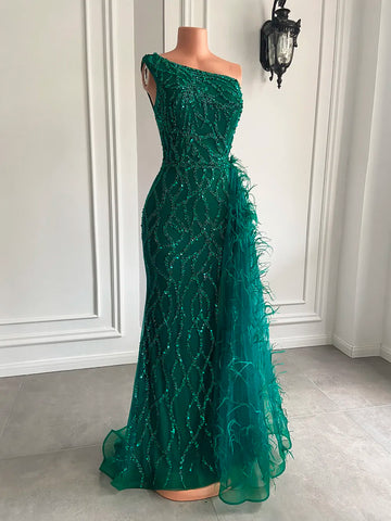 Green Tulle Beaded Evening Gown - One-Shoulder Mermaid Style Green Tulle Beaded Evening Gown - One-Shoulder Mermaid Style