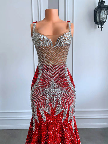Red Prom Dress - Sparkling Silver Diamond Crystals, Mermaid Style Red Prom Dress - Sparkling Silver Diamond Crystals, Mermaid Style