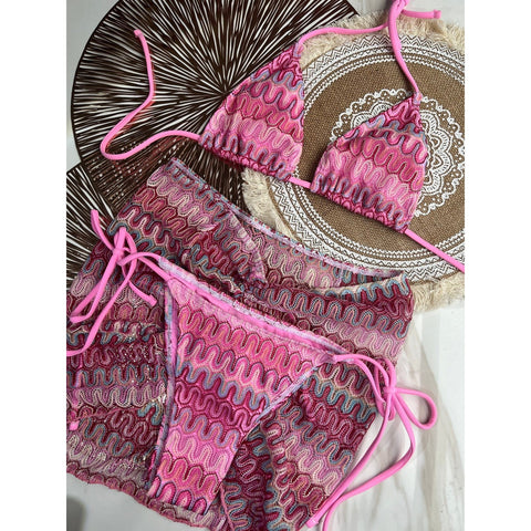 3-Piece Knit Bikini with Skirt - Push-Up Swimsuit Beachwear 3-Piece Knit Bikini with Skirt - Push-Up Swimsuit Beachwear