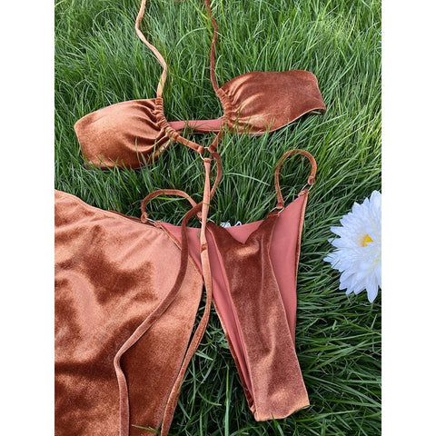 Sexy 3-Piece Swimsuit Set for Women - Thong Swimwear, Bandage Bathing Suit, Rings Push-Up Sexy 3-Piece Swimsuit Set for Women - Thong Swimwear, Bandage Bathing Suit, Rings Push-Up