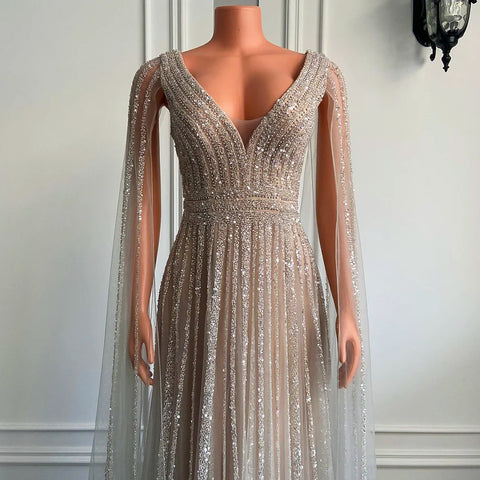 Evening Gown - Beaded V-Neck and Champagne Glamour Evening Gown - Beaded V-Neck and Champagne Glamour