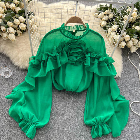 Ruffle Chiffon Blouse for Summer - Lantern Sleeve, Slim Fit, Loose Style - Vacation & Casual Fashion for Women Ruffle Chiffon Blouse for Summer - Lantern Sleeve, Slim Fit, Loose Style - Vacation & Casual Fashion for Women
