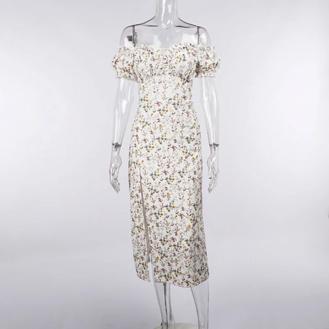 Summer Floral Off-Shoulder Puff Sleeve Maxi Dress - Sexy Lace-Up Side Split Mid-Calf Chic Summer Floral Off-Shoulder Puff Sleeve Maxi Dress - Sexy Lace-Up Side Split Mid-Calf Chic