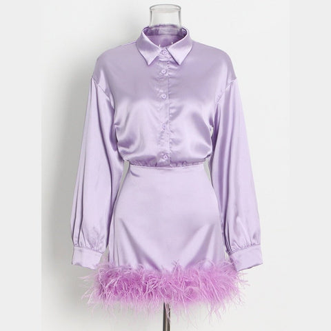 Long Sleeve Mini Dress: High Waist Feathers & Solid Color - Spring Style Long Sleeve Mini Dress: High Waist Feathers & Solid Color - Spring Style