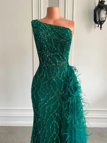 Green Tulle Beaded Evening Gown - One-Shoulder Mermaid Style Green Tulle Beaded Evening Gown - One-Shoulder Mermaid Style