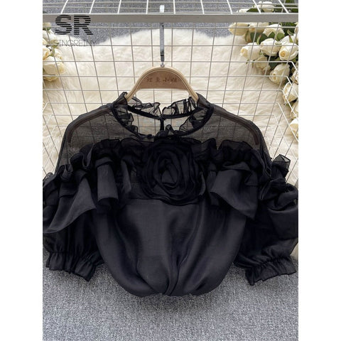 Ruffle Chiffon Blouse for Summer - Lantern Sleeve, Slim Fit, Loose Style - Vacation & Casual Fashion for Women Ruffle Chiffon Blouse for Summer - Lantern Sleeve, Slim Fit, Loose Style - Vacation & Casual Fashion for Women