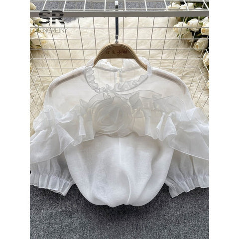 Ruffle Chiffon Blouse for Summer - Lantern Sleeve, Slim Fit, Loose Style - Vacation & Casual Fashion for Women Ruffle Chiffon Blouse for Summer - Lantern Sleeve, Slim Fit, Loose Style - Vacation & Casual Fashion for Women