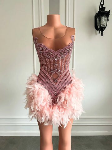 Luxury Beaded Pink Feather Short Prom Dress - Elegance Luxury Beaded Pink Feather Short Prom Dress - Elegance
