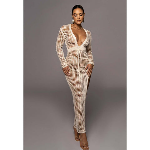 Sexy Knit Mesh Swimsuit Cover-up - Deep V Neck, Long-Sleeve, Lace-Up Fringe Tunic Sexy Knit Mesh Swimsuit Cover-up - Deep V Neck, Long-Sleeve, Lace-Up Fringe Tunic