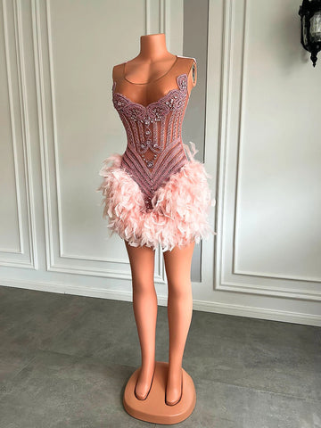 Luxury Beaded Pink Feather Short Prom Dress - Elegance Luxury Beaded Pink Feather Short Prom Dress - Elegance