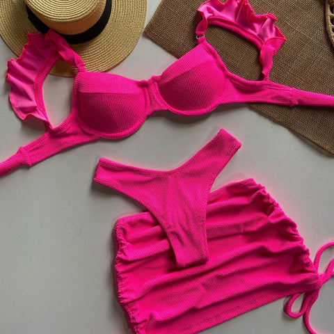 Solid Wavy Fabric Bikini Set - Women's Push-Up Swimwear Solid Wavy Fabric Bikini Set - Women's Push-Up Swimwear