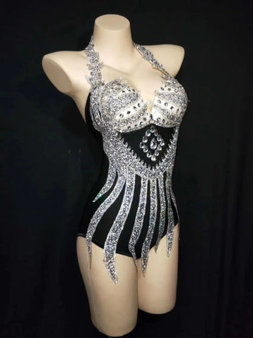 Silver Rhinestone Halter Bodysuit for Women - Sexy Nightclub & Stage Costume Silver Rhinestone Halter Bodysuit for Women - Sexy Nightclub & Stage Costume