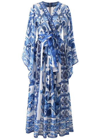 Blue & White Porcelain Floral Maxi Dress - Elegant Long Sleeve Summer/Autumn Dress Blue & White Porcelain Floral Maxi Dress - Elegant Long Sleeve Summer/Autumn Dress