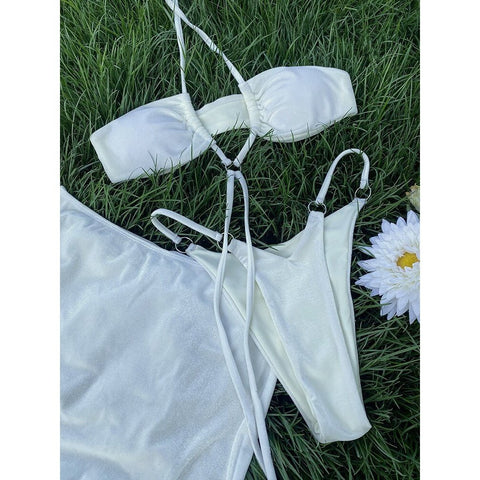 Sexy 3-Piece Swimsuit Set for Women - Thong Swimwear, Bandage Bathing Suit, Rings Push-Up Sexy 3-Piece Swimsuit Set for Women - Thong Swimwear, Bandage Bathing Suit, Rings Push-Up