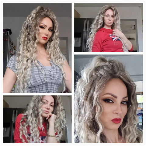 Ash Blonde Long Curly Synthetic Wig - Natural Wavy, Dark Root, 80s Brown Ombre for Women and Girls Ash Blonde Long Curly Synthetic Wig - Natural Wavy, Dark Root, 80s Brown Ombre for Women and Girls