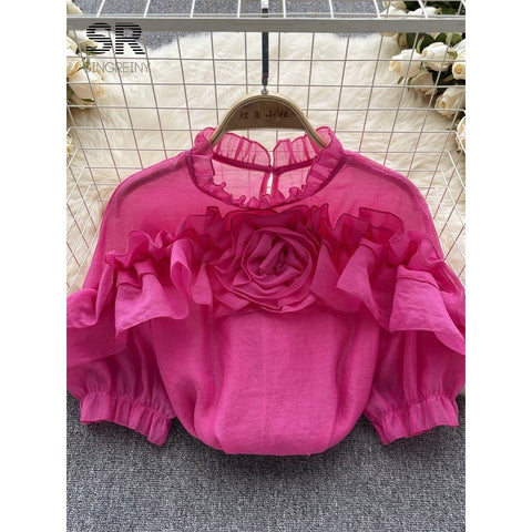 Ruffle Chiffon Blouse for Summer - Lantern Sleeve, Slim Fit, Loose Style - Vacation & Casual Fashion for Women Ruffle Chiffon Blouse for Summer - Lantern Sleeve, Slim Fit, Loose Style - Vacation & Casual Fashion for Women