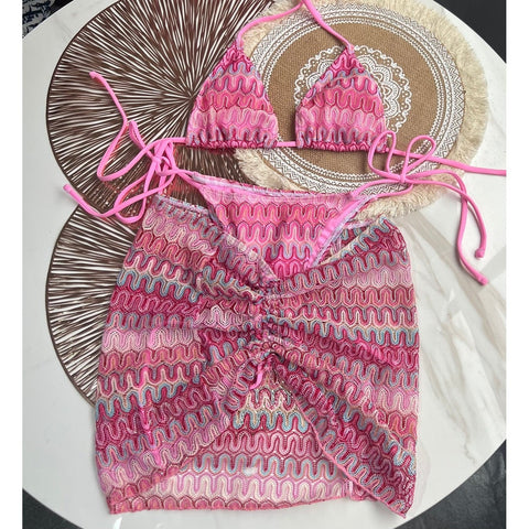 3-Piece Knit Bikini with Skirt - Push-Up Swimsuit Beachwear 3-Piece Knit Bikini with Skirt - Push-Up Swimsuit Beachwear