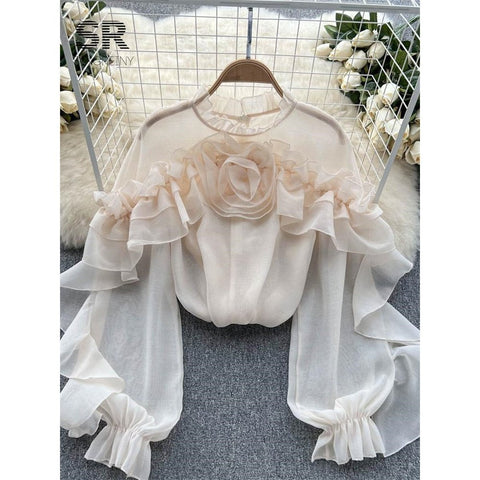 Ruffle Chiffon Blouse for Summer - Lantern Sleeve, Slim Fit, Loose Style - Vacation & Casual Fashion for Women Ruffle Chiffon Blouse for Summer - Lantern Sleeve, Slim Fit, Loose Style - Vacation & Casual Fashion for Women