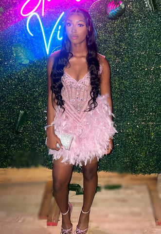 Luxury Beaded Pink Feather Short Prom Dress - Elegance Luxury Beaded Pink Feather Short Prom Dress - Elegance