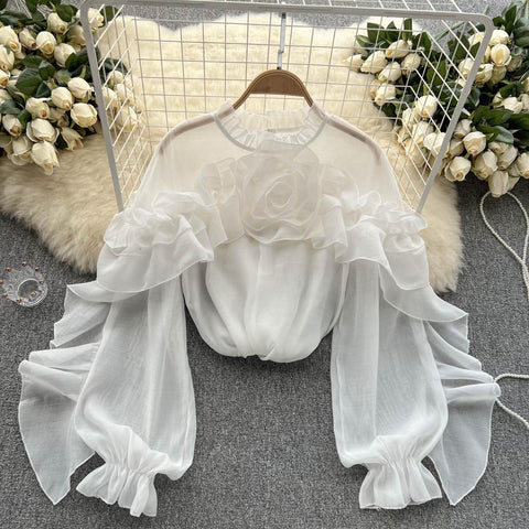 Ruffle Chiffon Blouse for Summer - Lantern Sleeve, Slim Fit, Loose Style - Vacation & Casual Fashion for Women Ruffle Chiffon Blouse for Summer - Lantern Sleeve, Slim Fit, Loose Style - Vacation & Casual Fashion for Women