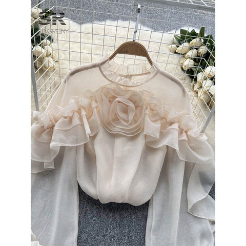 Ruffle Chiffon Blouse for Summer - Lantern Sleeve, Slim Fit, Loose Style - Vacation & Casual Fashion for Women Ruffle Chiffon Blouse for Summer - Lantern Sleeve, Slim Fit, Loose Style - Vacation & Casual Fashion for Women