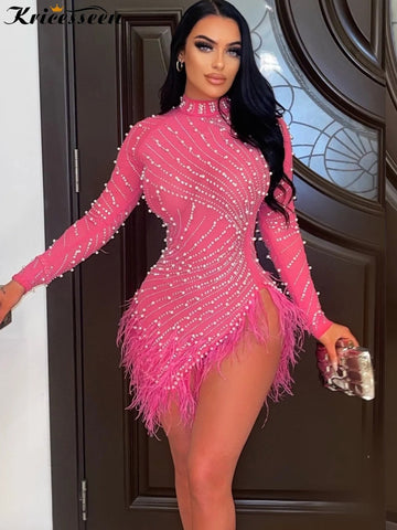 Rhinestone Feather Mini Dress - New Spring Women's Party Outfit Rhinestone Feather Mini Dress - New Spring Women's Party Outfit