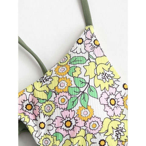 Floral Print Green Ribbed Bikini Set - Sexy Cut Out Swimwear Floral Print Green Ribbed Bikini Set - Sexy Cut Out Swimwear