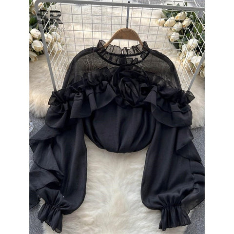 Ruffle Chiffon Blouse for Summer - Lantern Sleeve, Slim Fit, Loose Style - Vacation & Casual Fashion for Women Ruffle Chiffon Blouse for Summer - Lantern Sleeve, Slim Fit, Loose Style - Vacation & Casual Fashion for Women