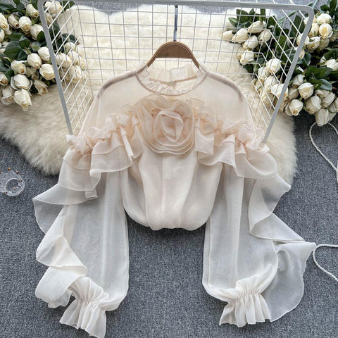 Ruffle Chiffon Blouse for Summer - Lantern Sleeve, Slim Fit, Loose Style - Vacation & Casual Fashion for Women Ruffle Chiffon Blouse for Summer - Lantern Sleeve, Slim Fit, Loose Style - Vacation & Casual Fashion for Women
