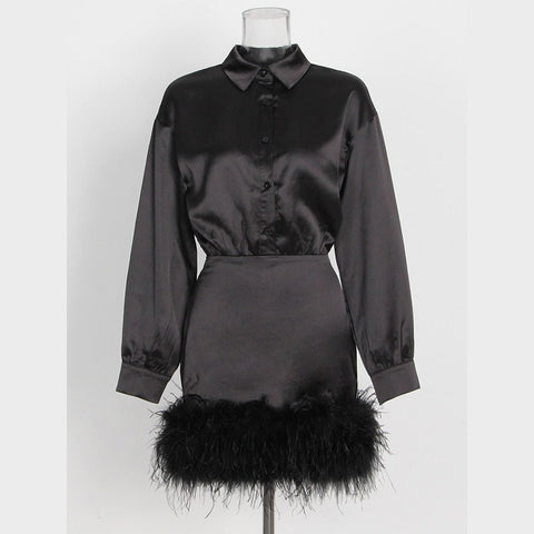 Long Sleeve Mini Dress: High Waist Feathers & Solid Color - Spring Style Long Sleeve Mini Dress: High Waist Feathers & Solid Color - Spring Style