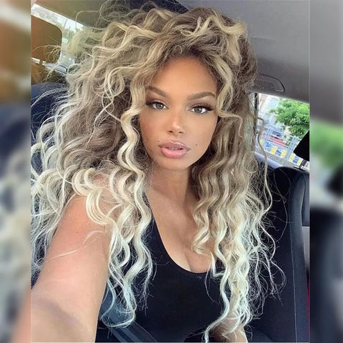 Ash Blonde Long Curly Synthetic Wig - Natural Wavy, Dark Root, 80s Brown Ombre for Women and Girls Ash Blonde Long Curly Synthetic Wig - Natural Wavy, Dark Root, 80s Brown Ombre for Women and Girls