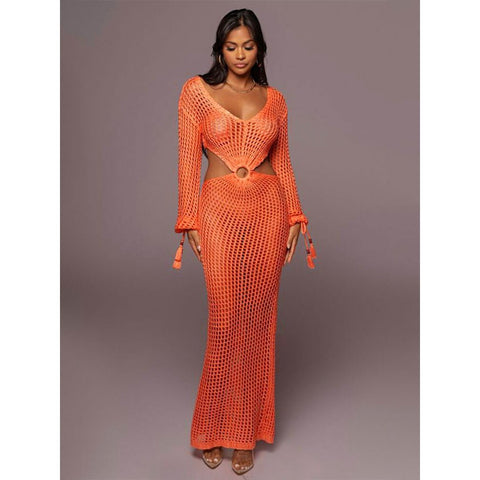 Sexy Knit Mesh Swimsuit Cover-up - Deep V Neck, Long-Sleeve, Lace-Up Fringe Tunic Sexy Knit Mesh Swimsuit Cover-up - Deep V Neck, Long-Sleeve, Lace-Up Fringe Tunic