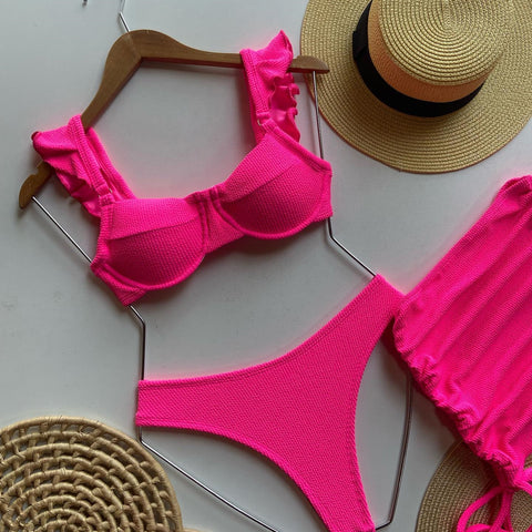 Solid Wavy Fabric Bikini Set - Women's Push-Up Swimwear Solid Wavy Fabric Bikini Set - Women's Push-Up Swimwear