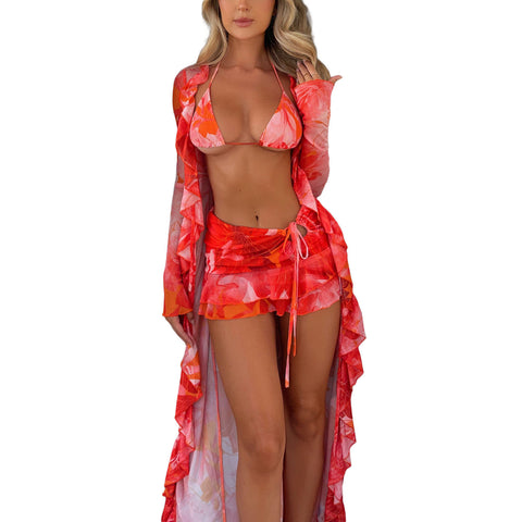 Summer Sexy 3-Piece Bikini Set - Halter Triangle Bra + Lace-Up Skirt + Kimono Cover-Up Summer Sexy 3-Piece Bikini Set - Halter Triangle Bra + Lace-Up Skirt + Kimono Cover-Up