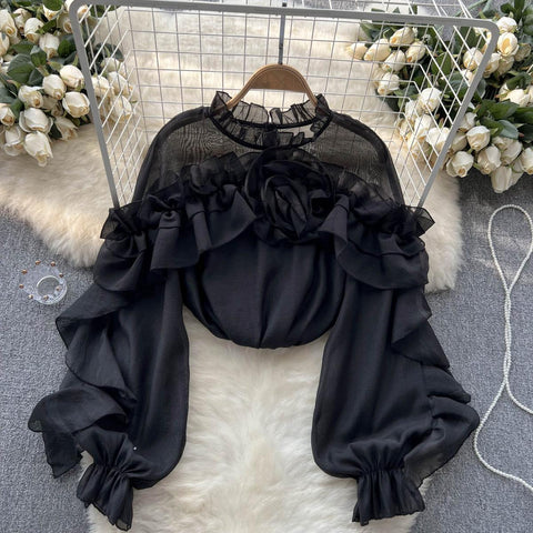 Ruffle Chiffon Blouse for Summer - Lantern Sleeve, Slim Fit, Loose Style - Vacation & Casual Fashion for Women Ruffle Chiffon Blouse for Summer - Lantern Sleeve, Slim Fit, Loose Style - Vacation & Casual Fashion for Women