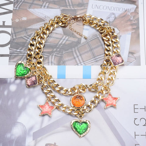 Vintage ZA Heart Star Choker Necklace - Golden Metal Chains with Charms for Women Vintage ZA Heart Star Choker Necklace - Golden Metal Chains with Charms for Women