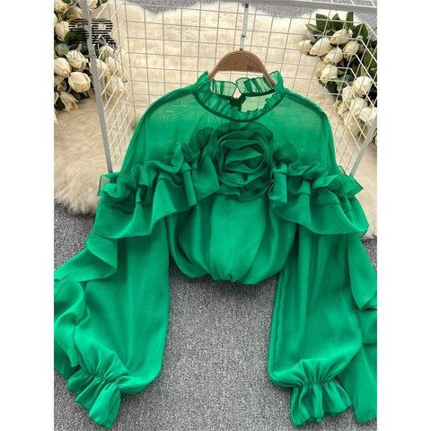 Ruffle Chiffon Blouse for Summer - Lantern Sleeve, Slim Fit, Loose Style - Vacation & Casual Fashion for Women Ruffle Chiffon Blouse for Summer - Lantern Sleeve, Slim Fit, Loose Style - Vacation & Casual Fashion for Women