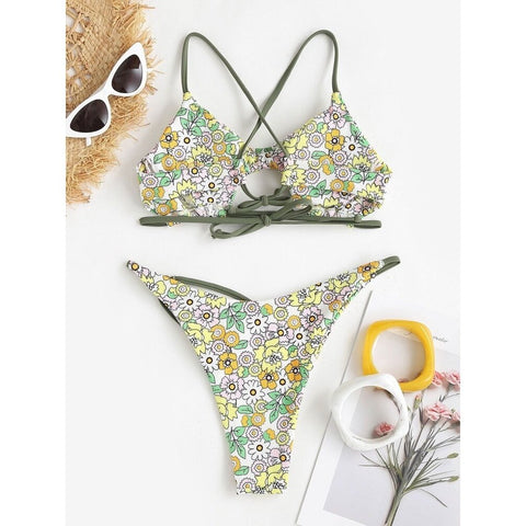 Floral Print Green Ribbed Bikini Set - Sexy Cut Out Swimwear Floral Print Green Ribbed Bikini Set - Sexy Cut Out Swimwear