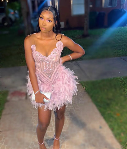 Luxury Beaded Pink Feather Short Prom Dress - Elegance Luxury Beaded Pink Feather Short Prom Dress - Elegance