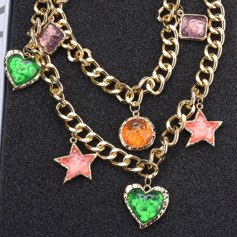 Vintage ZA Heart Star Choker Necklace - Golden Metal Chains with Charms for Women Vintage ZA Heart Star Choker Necklace - Golden Metal Chains with Charms for Women
