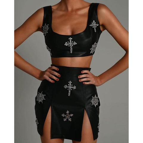 High-Quality PU Leather Diamond Bodycon Mini Dress - Spring-Summer Fashion High-Quality PU Leather Diamond Bodycon Mini Dress - Spring-Summer Fashion