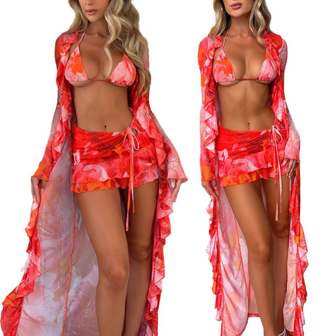 Summer Sexy 3-Piece Bikini Set - Halter Triangle Bra + Lace-Up Skirt + Kimono Cover-Up Summer Sexy 3-Piece Bikini Set - Halter Triangle Bra + Lace-Up Skirt + Kimono Cover-Up