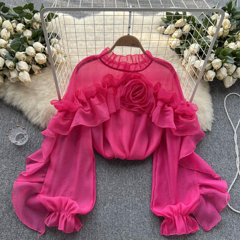 Ruffle Chiffon Blouse for Summer - Lantern Sleeve, Slim Fit, Loose Style - Vacation & Casual Fashion for Women Ruffle Chiffon Blouse for Summer - Lantern Sleeve, Slim Fit, Loose Style - Vacation & Casual Fashion for Women