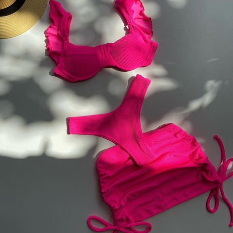 Solid Wavy Fabric Bikini Set - Women's Push-Up Swimwear Solid Wavy Fabric Bikini Set - Women's Push-Up Swimwear
