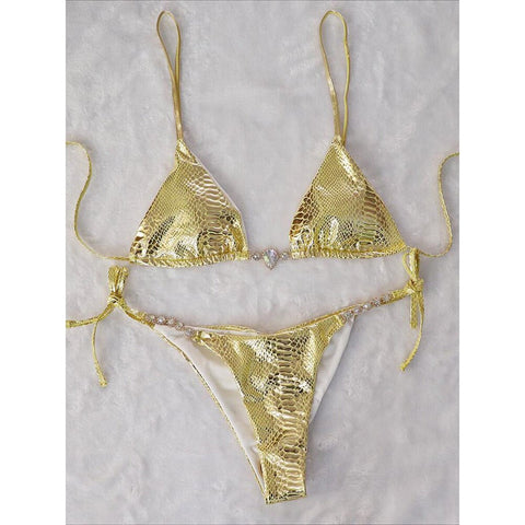 Shiny Snake Skin Halter Jewelled Bikini - Women's Two-Piece Swimwear Shiny Snake Skin Halter Jewelled Bikini - Women's Two-Piece Swimwear