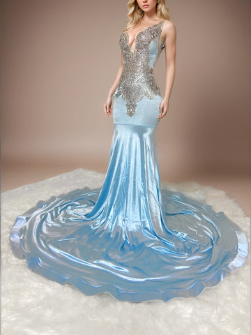 Sapphire Elegance - Sheer Neckline, Crystal Tassel Mermaid Prom Evening Dress Sapphire Elegance - Sheer Neckline, Crystal Tassel Mermaid Prom Evening Dress