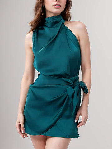 Elegant Satin Sleeveless Halter Dress - Luxury Summer Party Slim Fit Elegant Satin Sleeveless Halter Dress - Luxury Summer Party Slim Fit