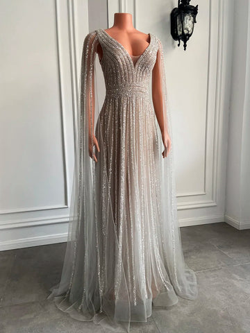 Evening Gown - Beaded V-Neck and Champagne Glamour Evening Gown - Beaded V-Neck and Champagne Glamour
