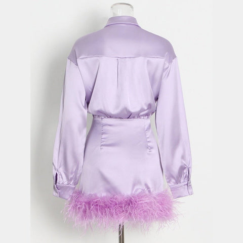 Long Sleeve Mini Dress: High Waist Feathers & Solid Color - Spring Style Long Sleeve Mini Dress: High Waist Feathers & Solid Color - Spring Style